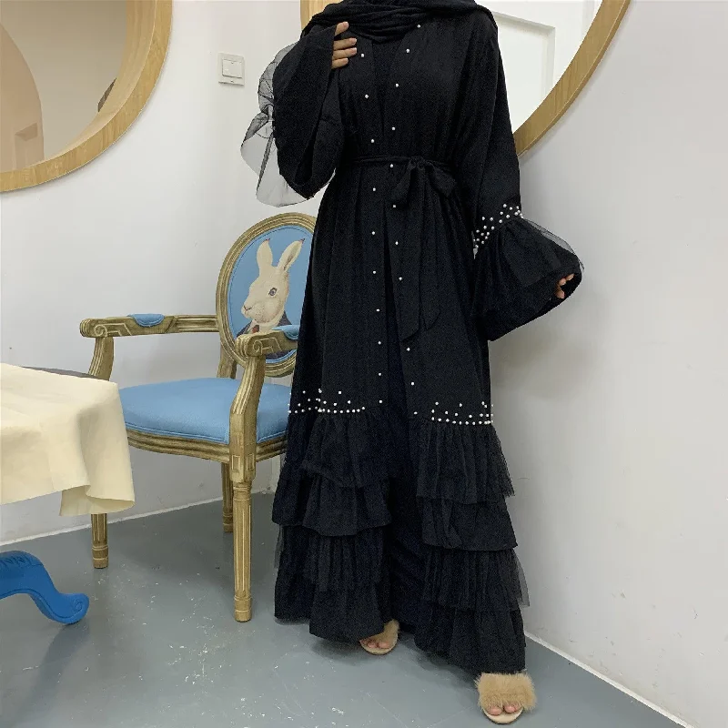 Black Arabic Beaded Abaya Maxi Dress Fashionable Faux Wrap Maxi Dress