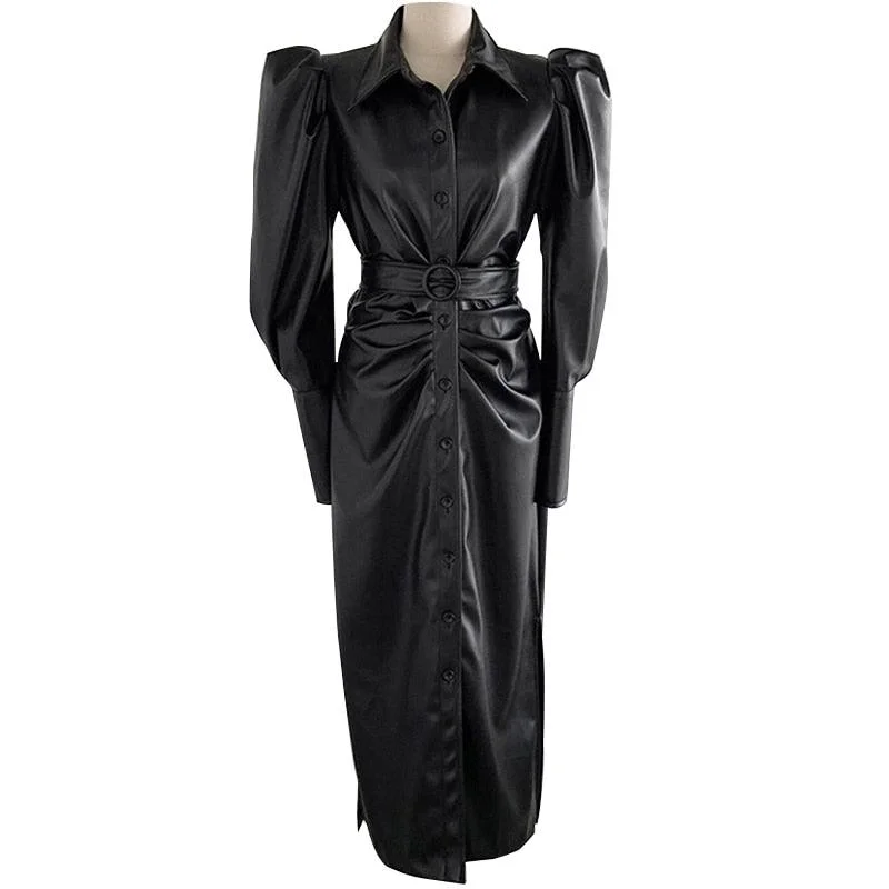 Black Faux Leather Belt Puff Long Sleeve Button Down Elegant Luxury Stylish Maxi Dress Classic V-Neck Maxi Dress