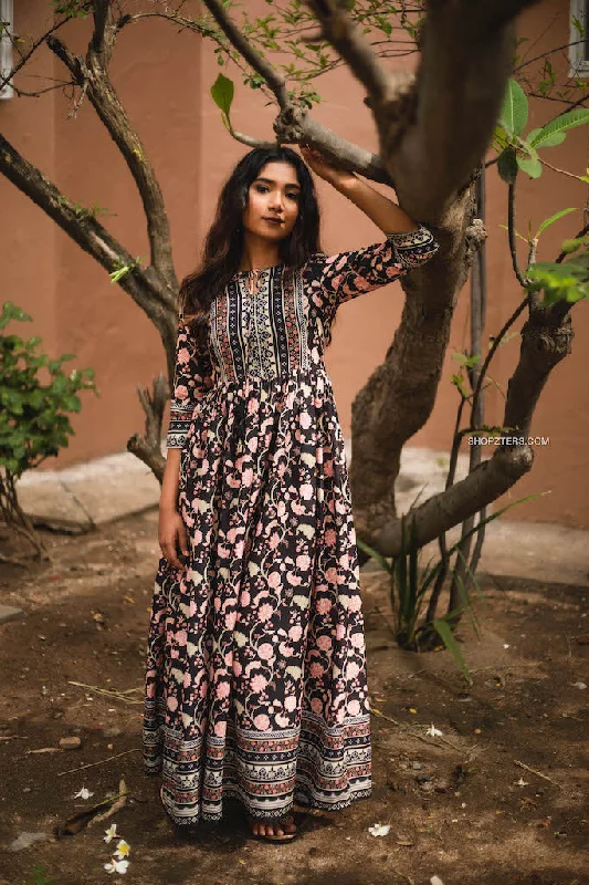 Black Semi Linen Floral Maxi Dress Comfortable Flowy Maxi Dress