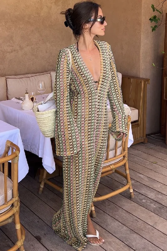 Boho V Neck Bell Sleeve Wavy Striped Crochet Beach Vacation Maxi Dress - Brown Fashionable Asymmetrical Maxi Dress