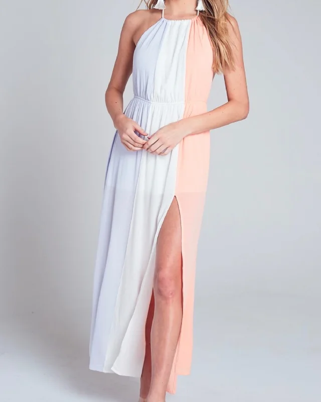 Final Sale - Blue Blush Halterneck Maxi Dress With Leg Slit in Ivory Multi Stylish Maxi Dress with Pleats