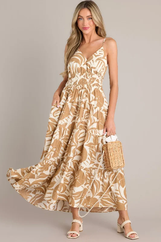 Caribbean Dream Tan Tropical Print Maxi Dress Fashionable Button-Down Maxi Dress