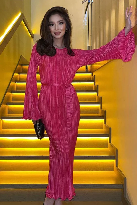 Celebrity Style Crew Neck Bell Sleeve Shift Pleated Maxi Dress - Hot Pink Stylish Pleated A-Line Maxi Dress