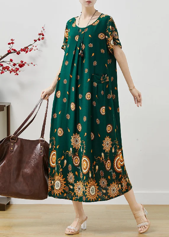 Classy Green Oversized Print Cotton Maxi Dress Summer Classic A-Line Maxi Dress