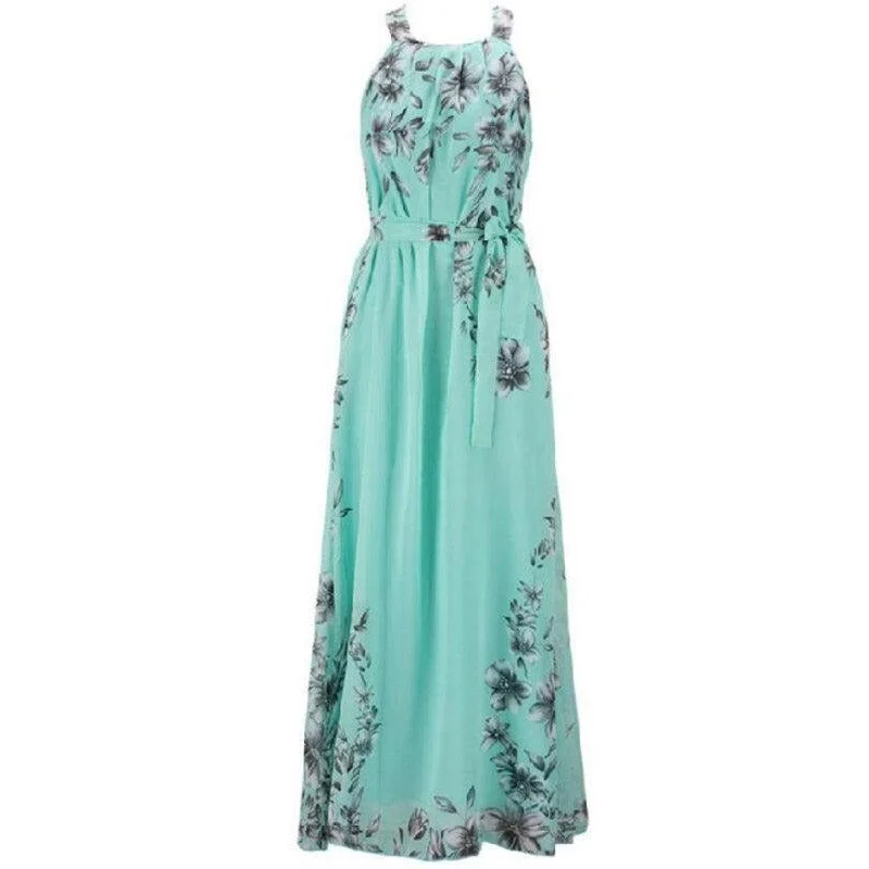 Elegant Belted Floral Print Maxi Dress Classic V-Neck Maxi Dress