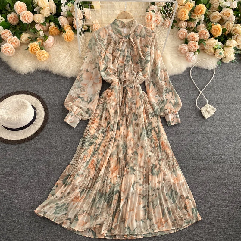 Elegant Bow Puff Sleeve High Waist Floral Maxi Dress Trendy Maxi Dress with Bow