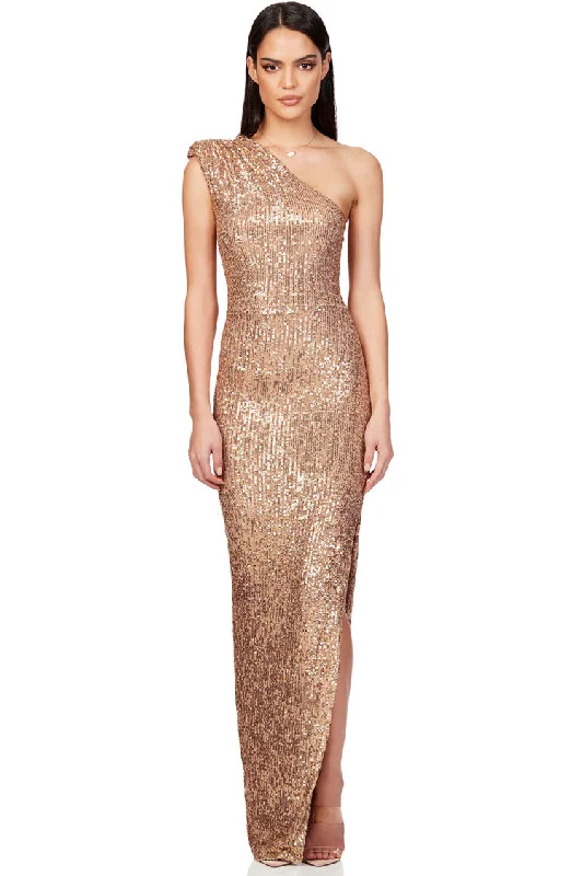 Elegant Padded One Shoulder Split Sequin Evening Maxi Dress - Champagne Trendy Maxi Dress with Straps