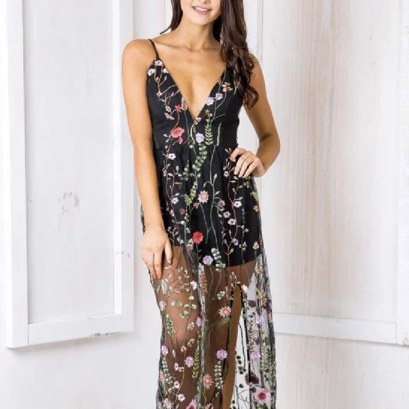 Enchanted Evening Embroidered Lace Maxi Dress in Black Comfortable Casual Maxi Dress