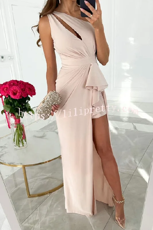 Lilipretty Forever Luxe One Shoulder Cutout Ruffle Split Maxi Dress Elegant Silk Maxi Dress