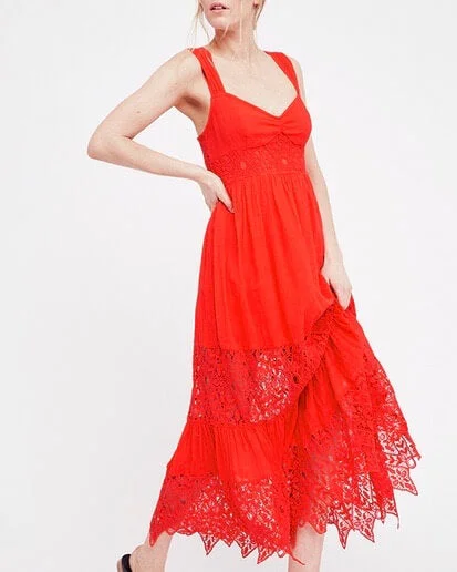 Free People - Caught Your Eye Gauzy Maxi Dress in Red Comfortable T-Shirt Maxi Dress