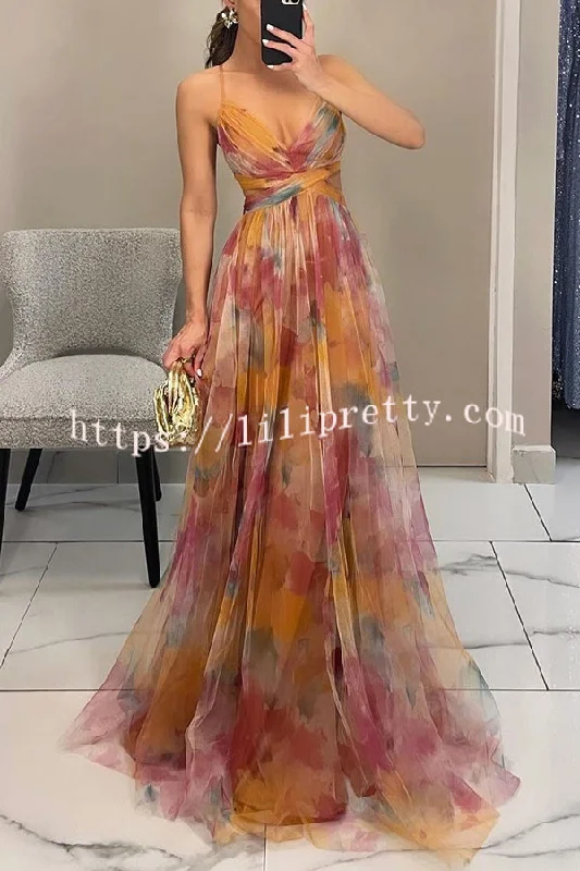 Giselle Tulle Render Floral Print Cutout Waist Back Lace-up Maxi Dress Comfortable Bohemian Maxi Dress