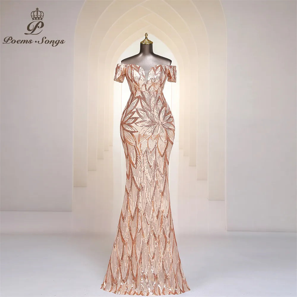 Gold Sequins Trumpet Long Evening Dress Off Shoulder Maxi Dress Cozy Wrap Maxi Dress