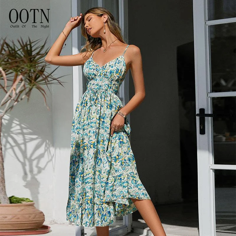 Green Floral Ruffle Spaghetti Strap Maxi Dress Comfortable T-Shirt Maxi Dress