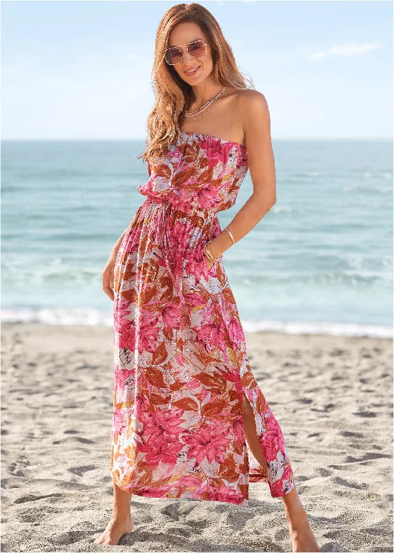 Strapless Maxi Dress  - Pink Multi Trendy A-Line Maxi Dress