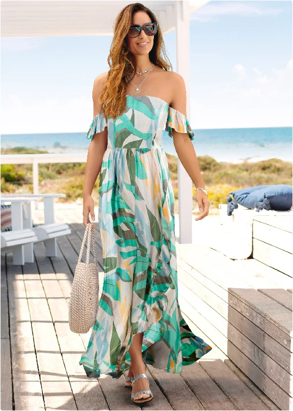 Off-The-Shoulder Maxi Dress - Beige Multi Comfortable Pleated Maxi Dress