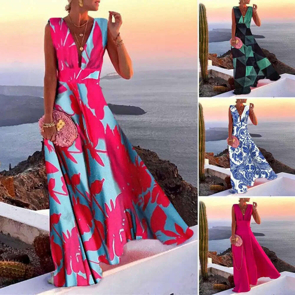 Large Hem  Trendy Summer Fashion Print Lady Maxi Dress Breathable Long Dress Temperament   for Daily Wear Elegant Maxi Dress with Belt