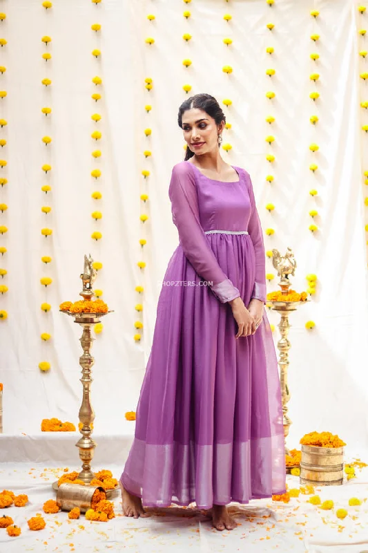 Lavendar Georgette Maxi Dress With Silver Zari Border Trendy Maxi Dress with Lace