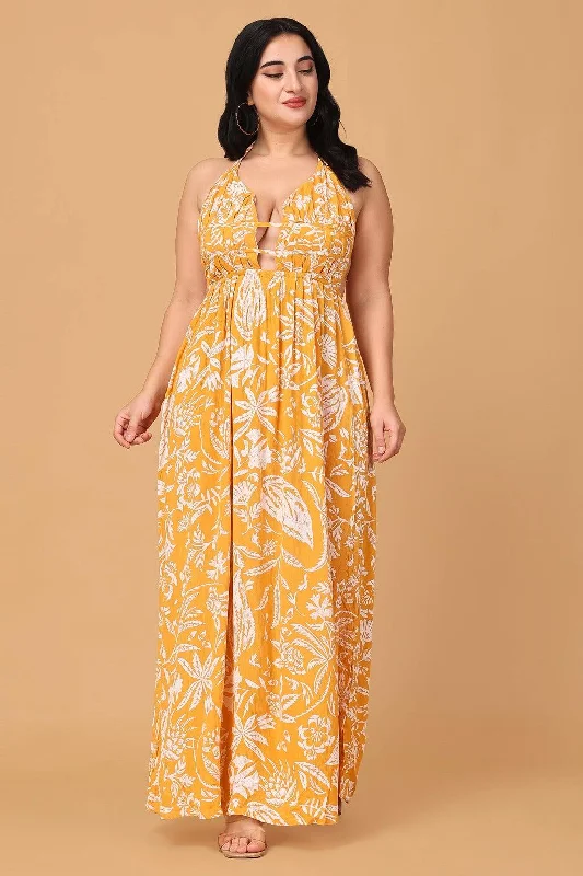 Mustard Floral Printed Maxi Dress Cozy Knitted Maxi Dress