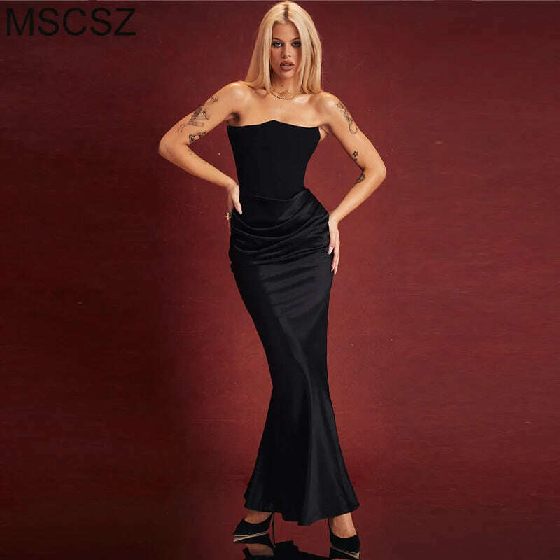 New In Black Corset Evening Dress Women Strapless Satin Long Dress Backless Draped Maxi Dress Elegant Gowns Comfortable T-Shirt Maxi Dress