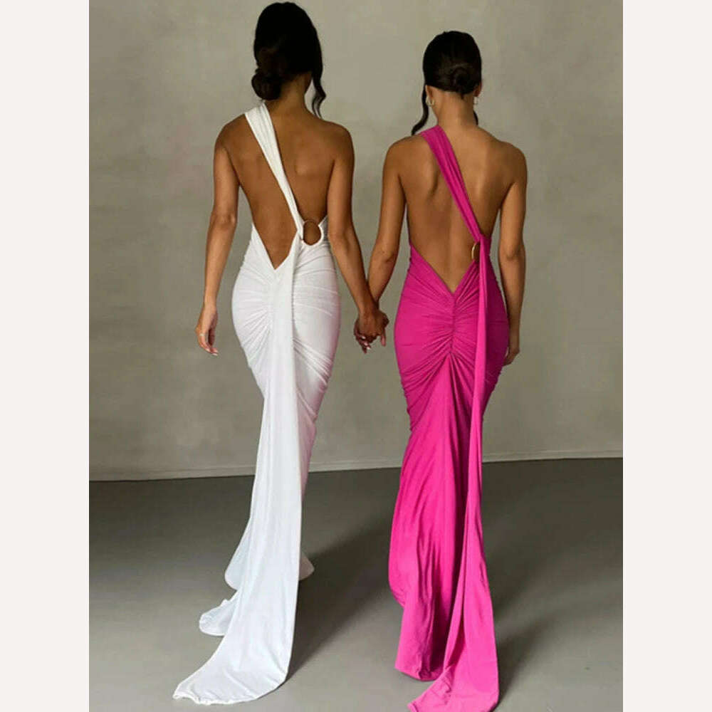 One Shoulder Backless Adjustable Scarf Loop Ruched Sexy Maxi Dress 2024 Women Elegant Y2K Vintage Dress Fashion Summer Robe Size Comfortable Long-Sleeve Maxi Dress