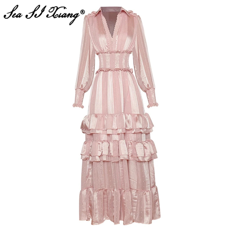 Pink V-Neck Lantern Sleeve Embroidery Vintage Elastic Waist Maxi Dress Classic Tulle Maxi Dress