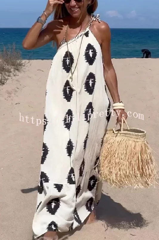 Lilipretty Plenty of Sunshine Ethnic Print One Shoulder Loose Maxi Dress Stylish Button-Up Maxi Dress