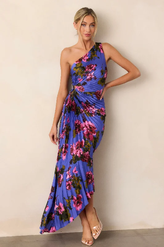 Poetic Charm Violet Floral Asymmetric One Shoulder Maxi Dress Cozy Maxi Dress with Slit