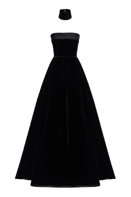 Regal Choker Fold Over Strapless Fit & Flare Velvet Evening Maxi Dress Classic Solid Maxi Dress