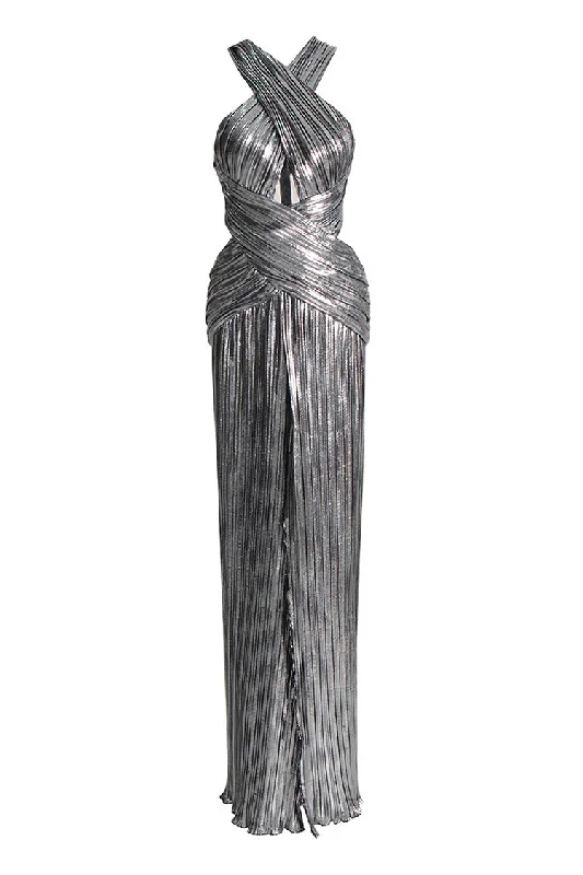 Sexy Crossover Neck Cut Out Metallic Pleated Split Evening Maxi Dress Elegant Maxi Dress with Drapes