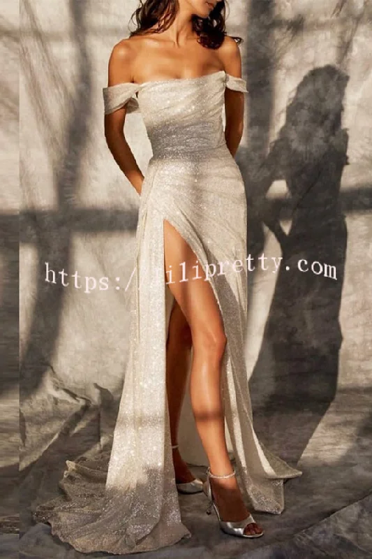 Lilipretty Silver Sequin Slit Off Shoulder Maxi Dress with Long Train Elegant Maxi Dress with Belt