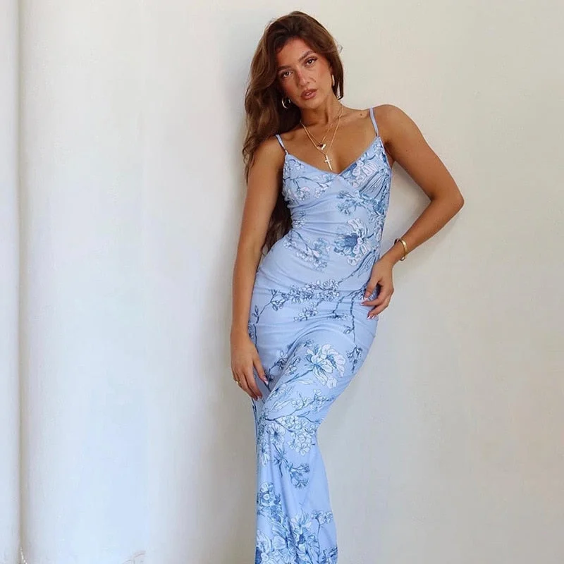 Sleeveless Floral Print Suspender Dress Women Fashion V-neck Slim Maxi Dresses 2023 Summer Chic Female Beach Party Club Robe Elegant Floral Maxi Dress