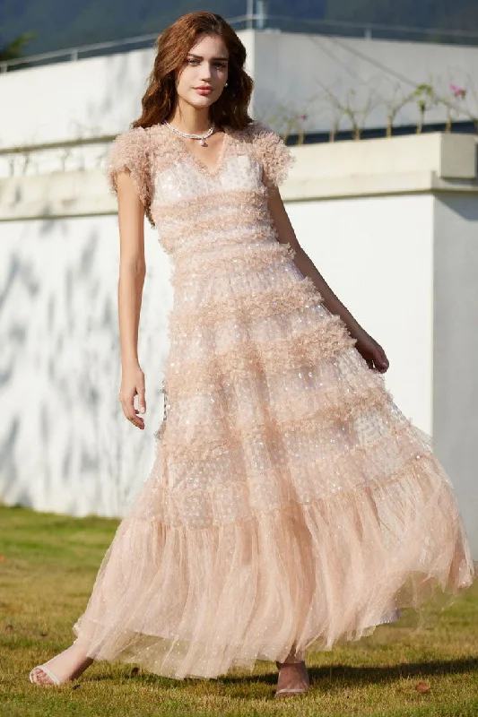 Sparkly Sequin V Neck Layered Ruffle Summer Tulle Evening Maxi Dress - Pink Cozy Longline Maxi Dress