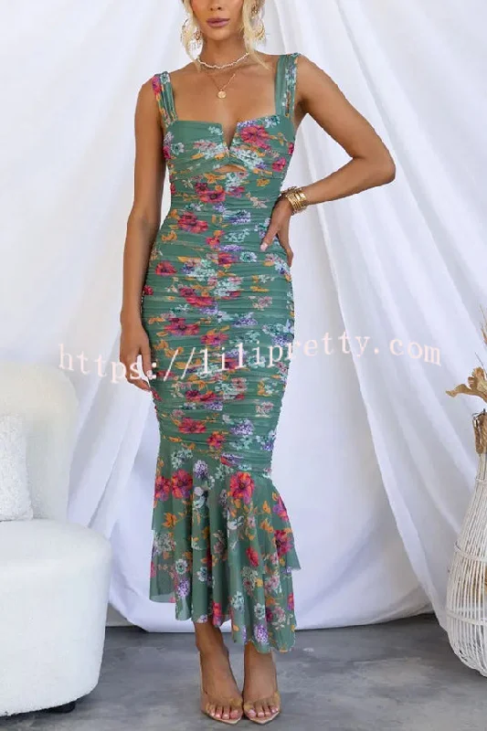 Lilipretty Styled To Perfection Floral Ruched Mesh Overlay Ruffle Hem Maxi Dress Chic Summer Floral Maxi Dress