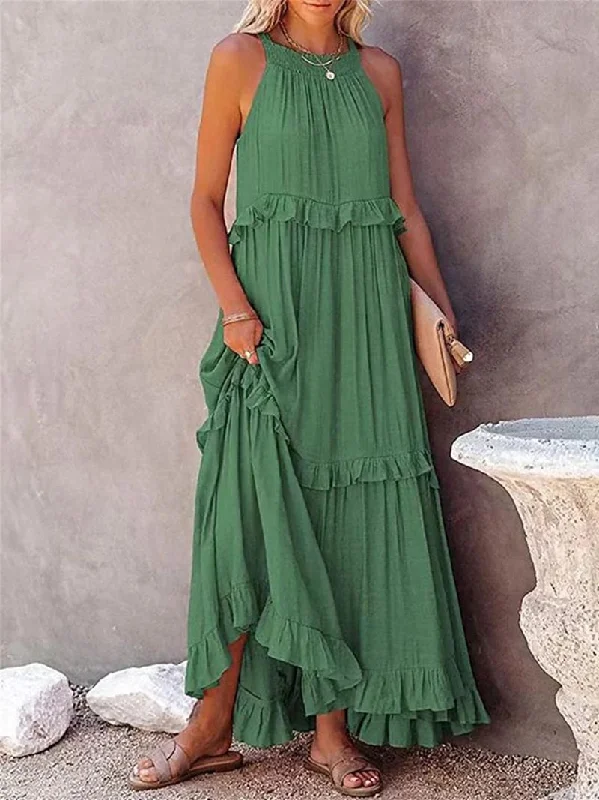 Summer Loose Long Dress Women Casual Elegant Ruffle Halter Sleeveless Female Party Outfits Beach Maxi Dresses Green Tie-Up Robe Trendy V-Neck Maxi Dress