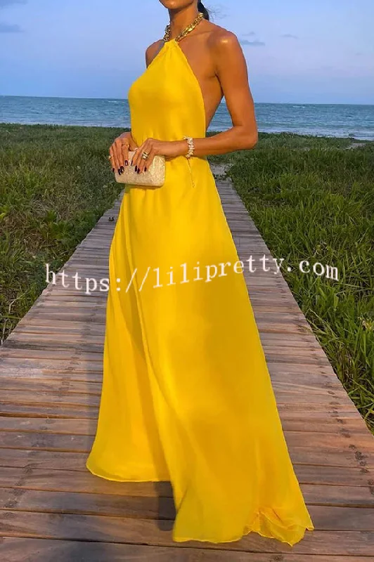 Lilipretty® Sunny in Santorini Metal Chain Halter Backless A-line Vacation Maxi Dress Cozy Ruffle Sleeve Maxi Dress