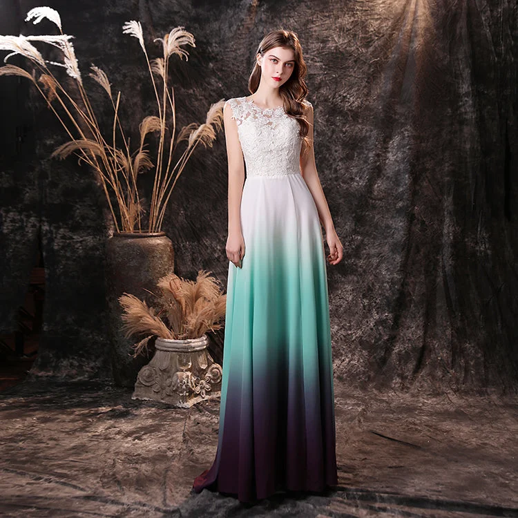 Teal Gradient Chiffon Sleeveless Round Neck Backless Maxi Dress Stylish Button-Up Maxi Dress