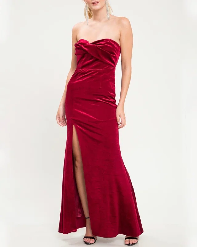 Twist Front Strapless Velvet Maxi Dress with Thigh High Slit in Burgundy Casual Maxi Dress with Pockets