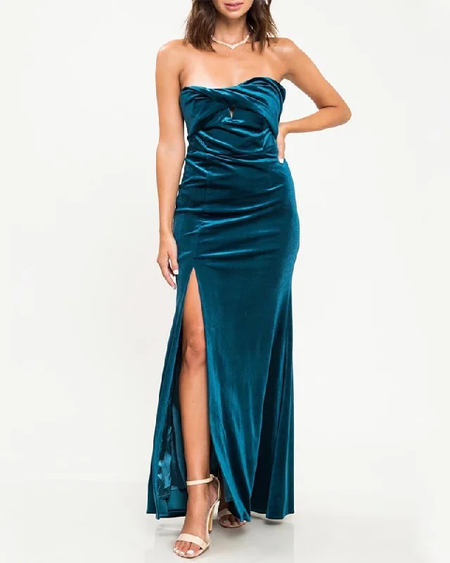 Final Sale - Twist Front Strapless Velvet Maxi Dress with Thigh High Slit in Teal Stylish A-Line Maxi Dress