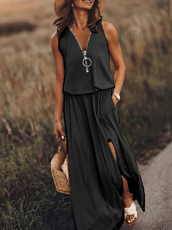 Zjkrl - Casual Waist Solid Color Sleeveless Maxi Dress Cozy Cold-Shoulder Maxi Dress