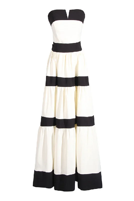 Vintage Bow Notched Strapless Contrast Striped Tiered Evening Maxi Dress Stylish Empire Waist Maxi Dress