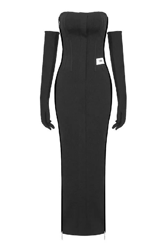 Vintage Strapless Opera Glove Zip Side Split Bandage Bodycon Evening Maxi Dress Chic Sleeveless Maxi Dress