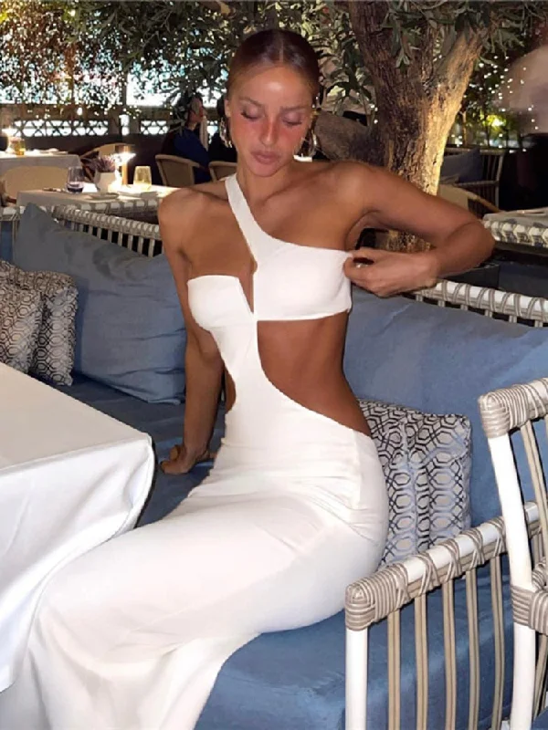 White Long Summer Dress Women Sexy Cut Out Slim Evening Party Dress Fashion One Shoulder Vacation Beach Maxi Dresses 2023 New Classic V-Neck Maxi Dress