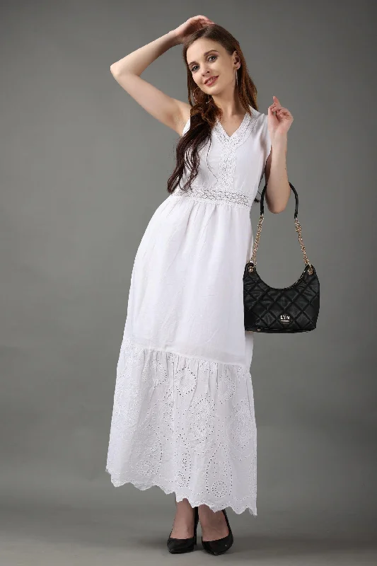 White Solid Frill Maxi Dress with Lace Fashionable High-Waist Maxi Dress