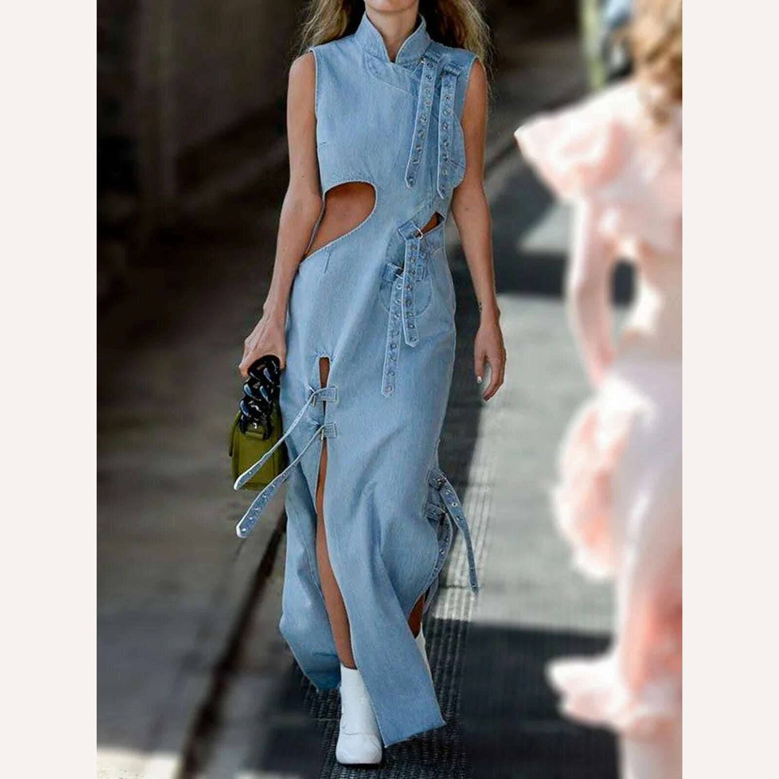 Women Denim Dress Fashion High Waist Hollow Out Long Party Dress Sexy Cutout Sleeveless Thigh Stand Collar Slit Maxi Dresses Stylish Pleated A-Line Maxi Dress