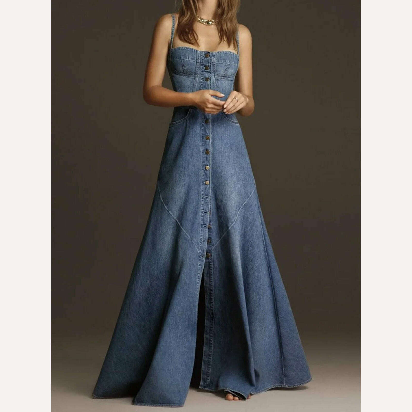 Women Denim Dress Sleeveless Square Collar Sling Jean Slim Fit Long Dress Summer Elegant Female Buttons Maxi Dress Solid Robes Fashionable Maxi Dress with Fringe