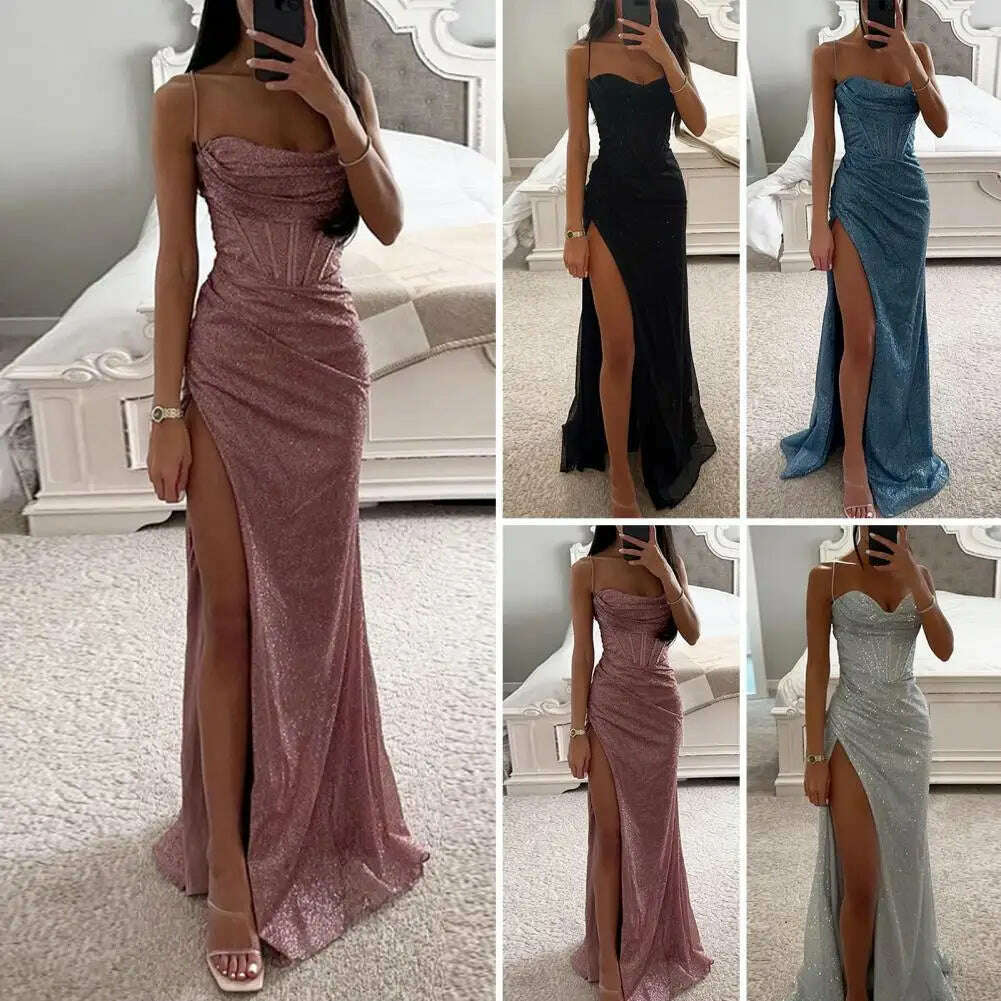 Women Polyester Maxi Dress Elegant Sequin Spaghetti Strap Evening Dress with High Split Off Shoulder Design Women's for Formal Cozy Spaghetti Strap Maxi Dress