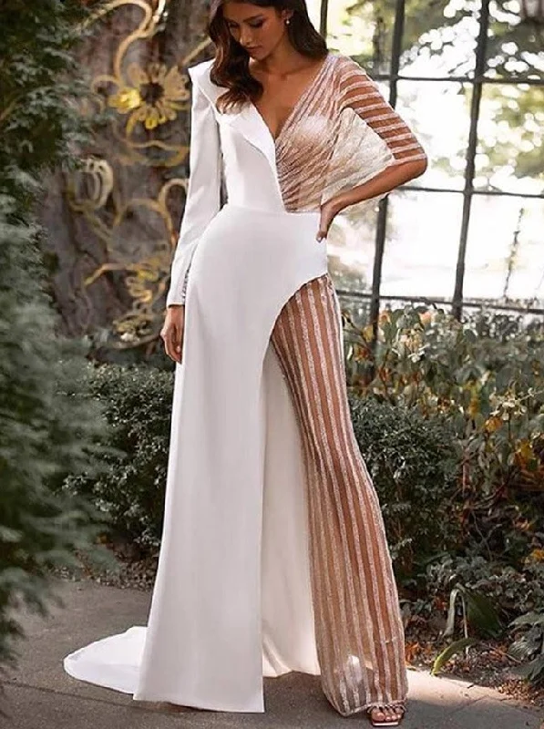 Women Sexy Mesh Irregular Patchwork Split Long Dress Female V Neck Long Sleeve Maxi Dresses Lady Elegant Party Evening Dresses Stylish V-Neck Maxi Dress