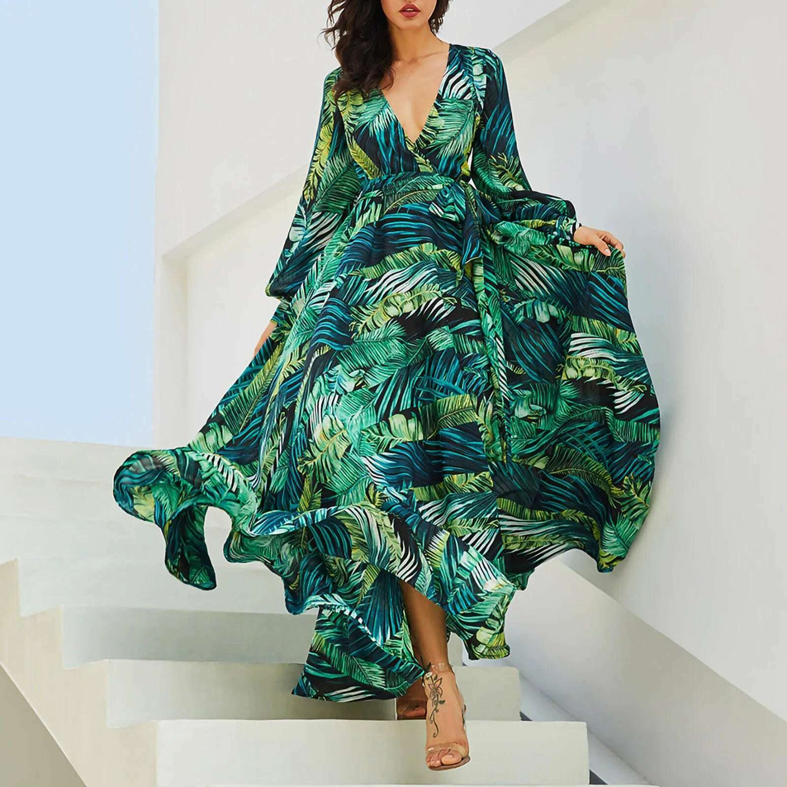 Women'S Temperament V-Neck Backless Dresses Summer Boho Green Leaf Print Maxi Dress For Beach Elegant Pleated Sundress Vestidos Chic Boho Print Maxi Dress