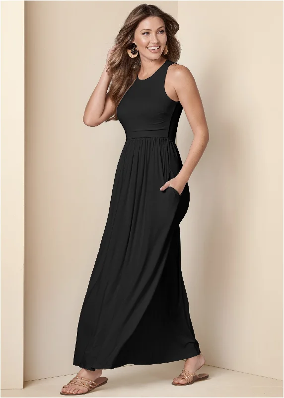 Maxi Dress With Pockets - Black Comfortable Ruffle Hem Maxi Dress