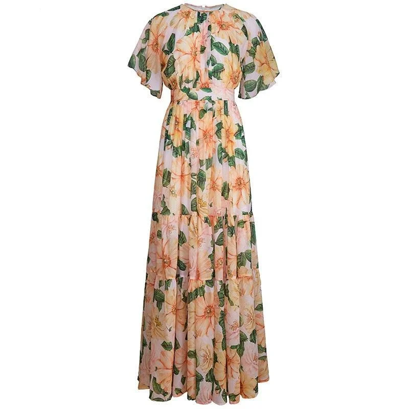 Yellow Chiffon Floral Print Elegant Boho Holiday Party Maxi Dress Fashionable Sleeveless Maxi Dress